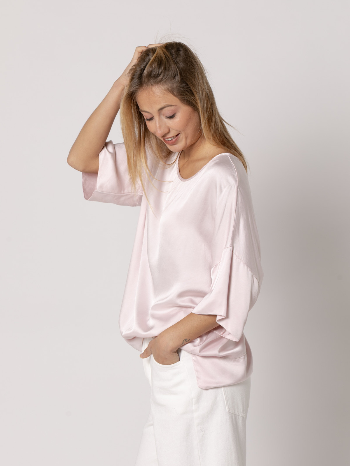 Flowing vegetal satin blouse  Pink colour