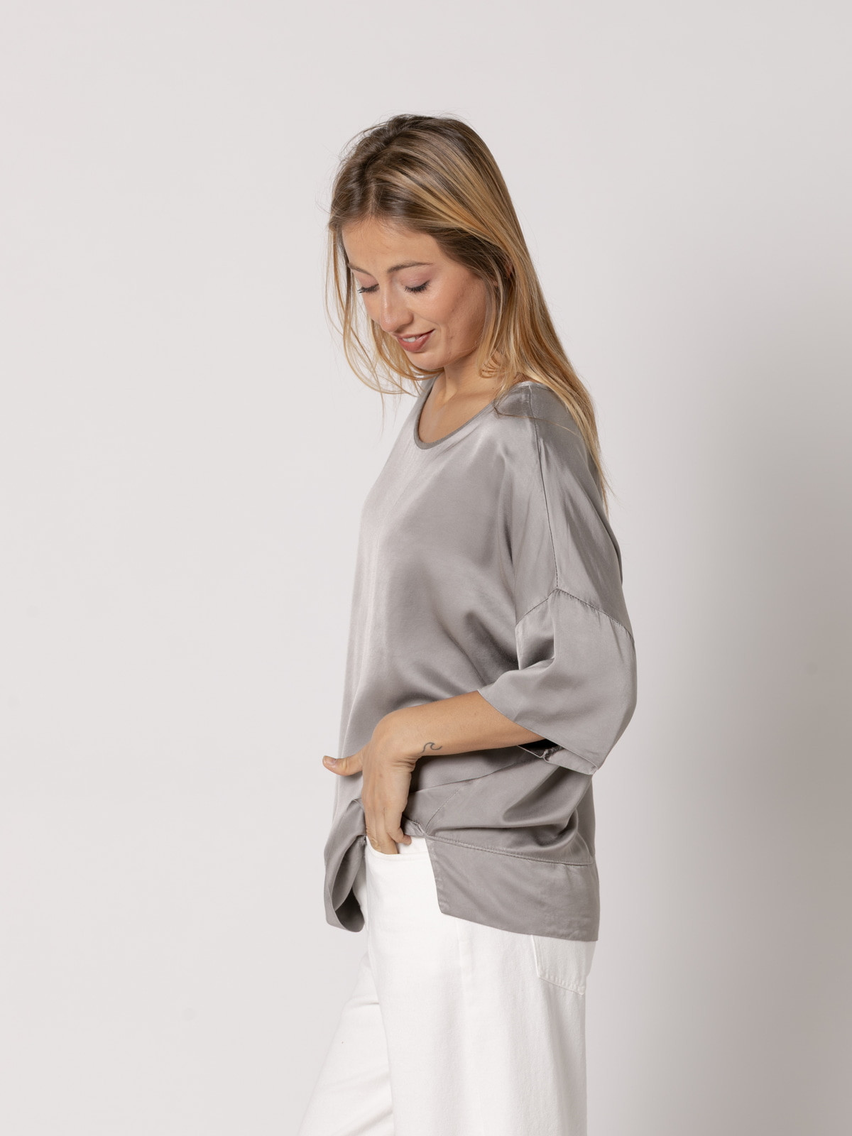 Flowing vegetal satin blouse  Taupe colour