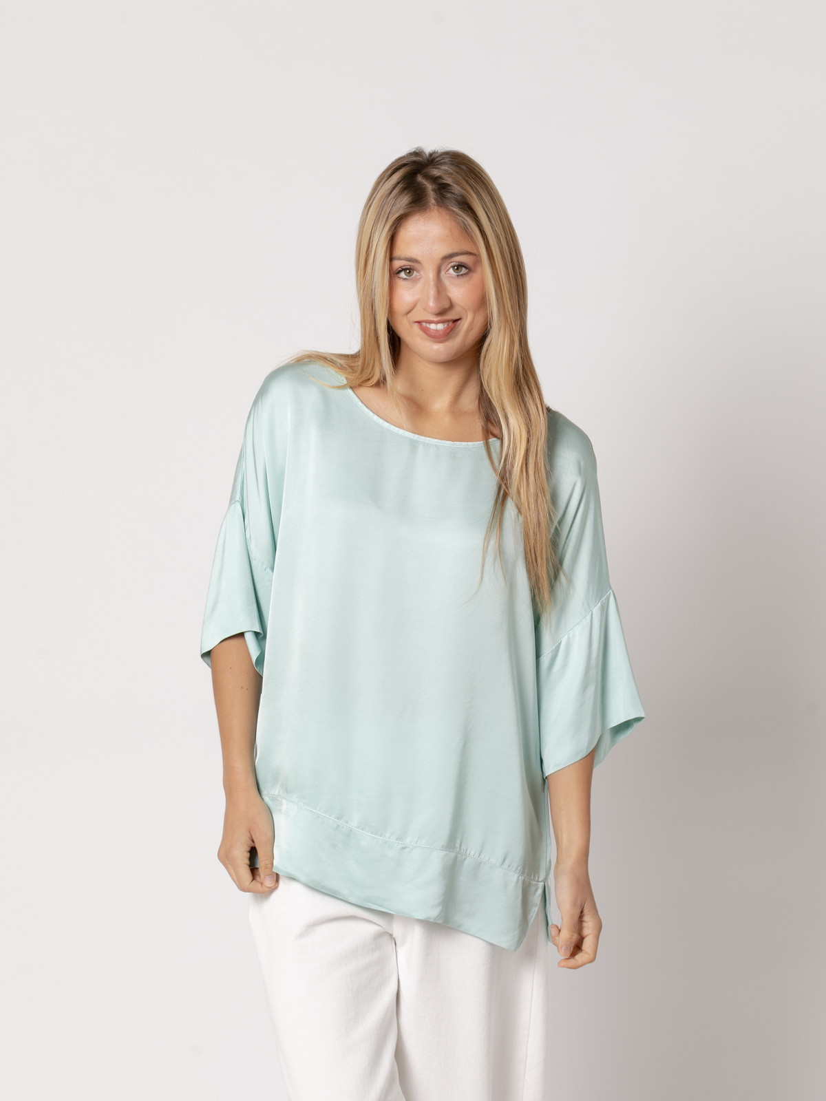 Flowing vegetal satin blouse  Aqua colour