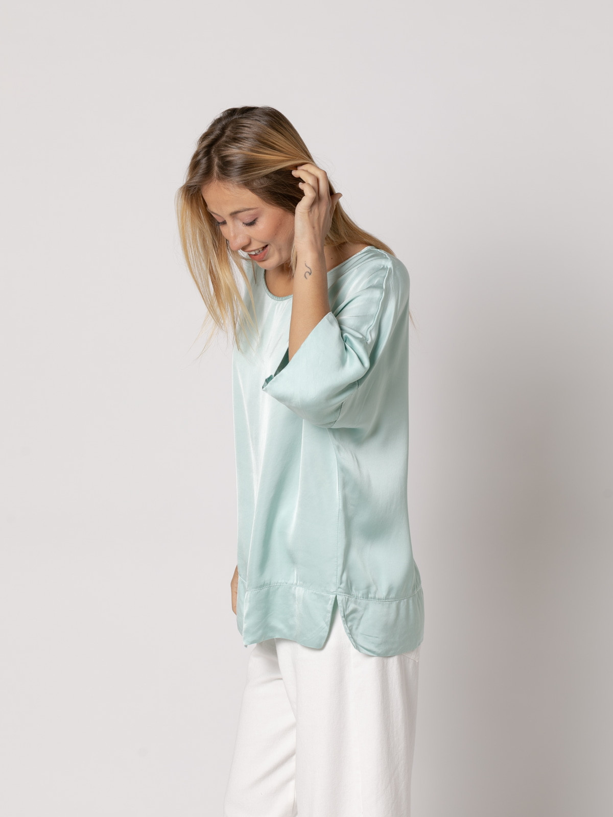 Flowing vegetal satin blouse  Aqua colour