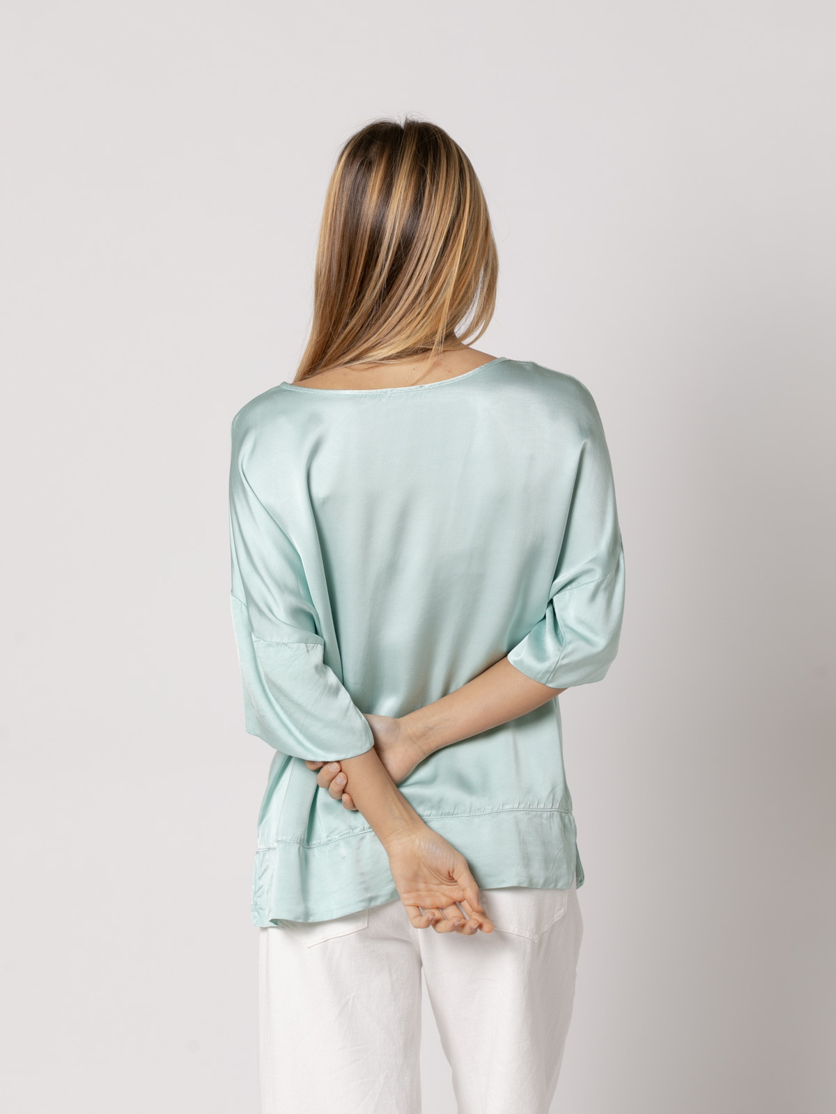 Flowing vegetal satin blouse  Aqua colour