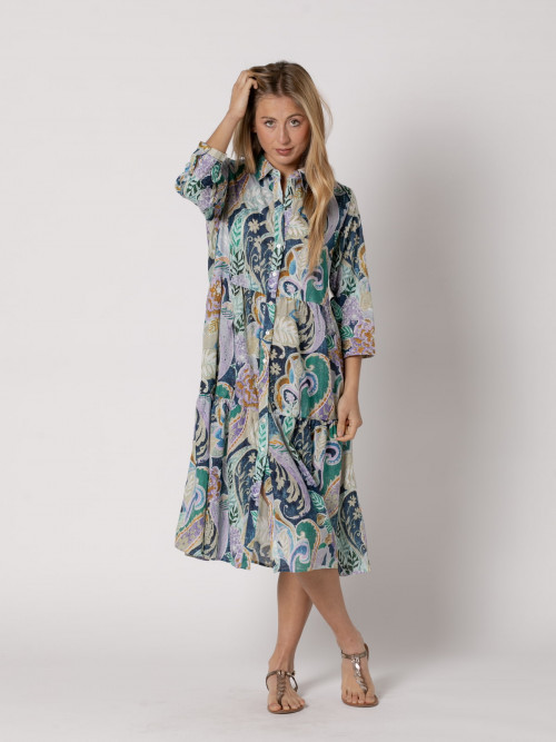 Vestido midi camisero abotonado con vuelo color esmeralda