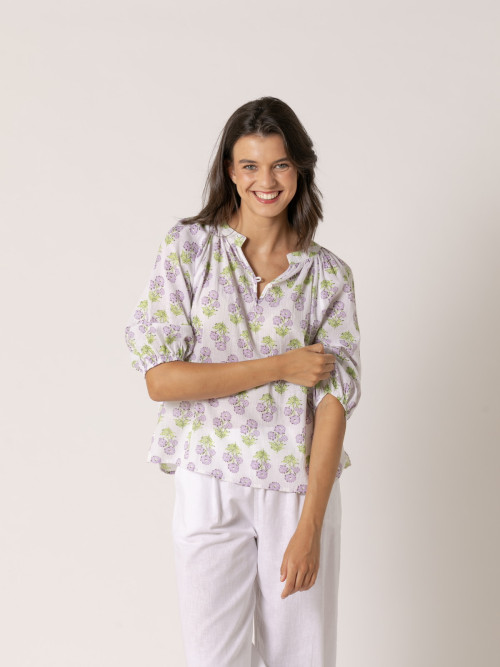 Blusa fluida cotton voile dibujos color Lila