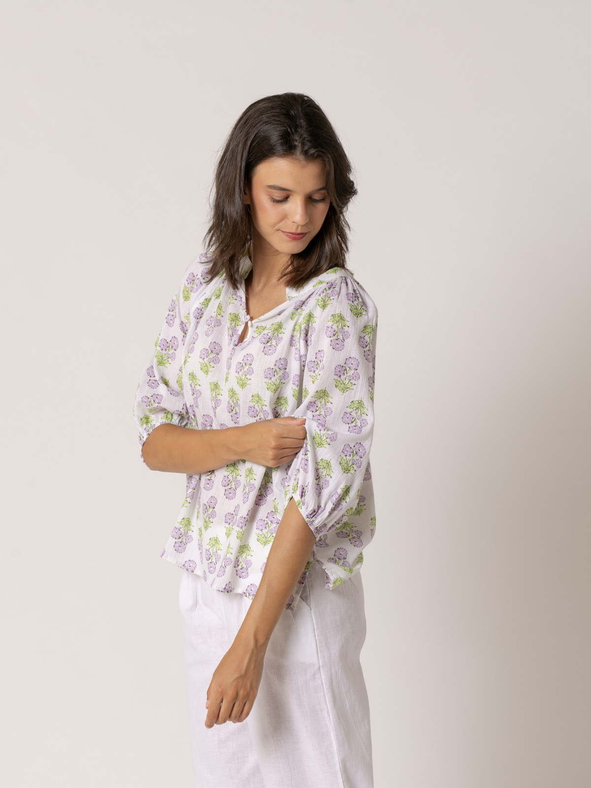 Blusa fluida cotton voile dibujos color Lila