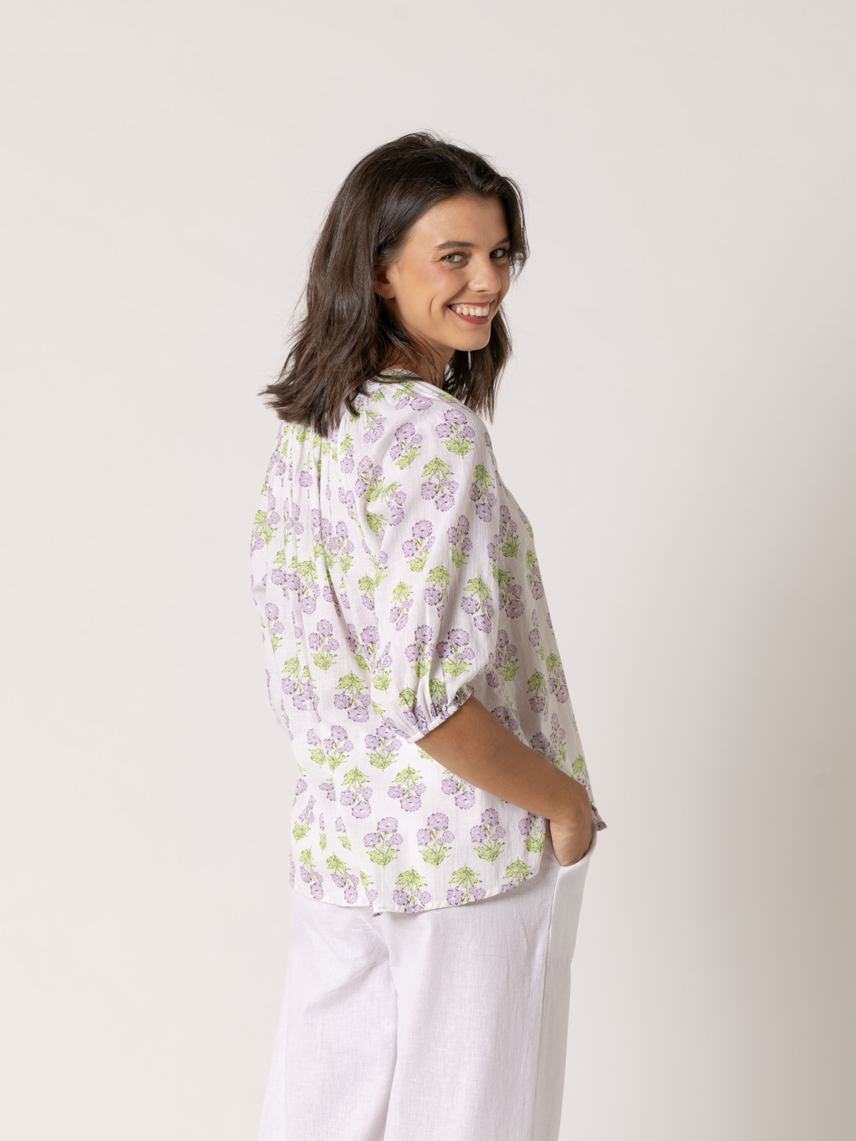 Blusa fluida cotton voile dibujos color Lila