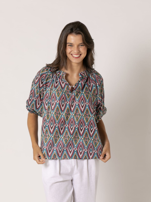 Blusa fluida cotton voile dibujos color Verde