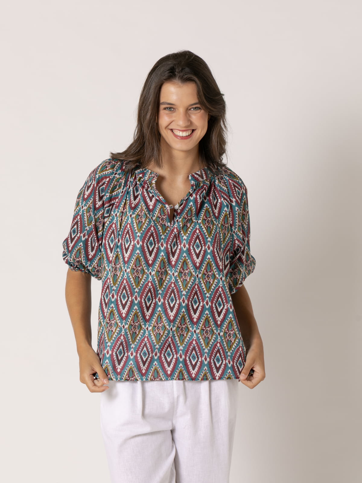 Blusa fluida cotton voile dibujos color Verde