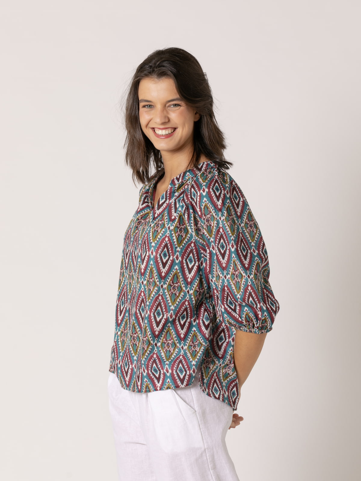 Blusa fluida cotton voile dibujos color Verde