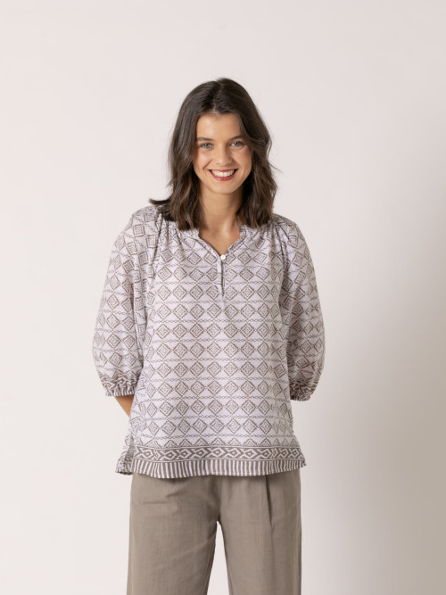 Blusa fluida cotton voile dibujos color Taupe