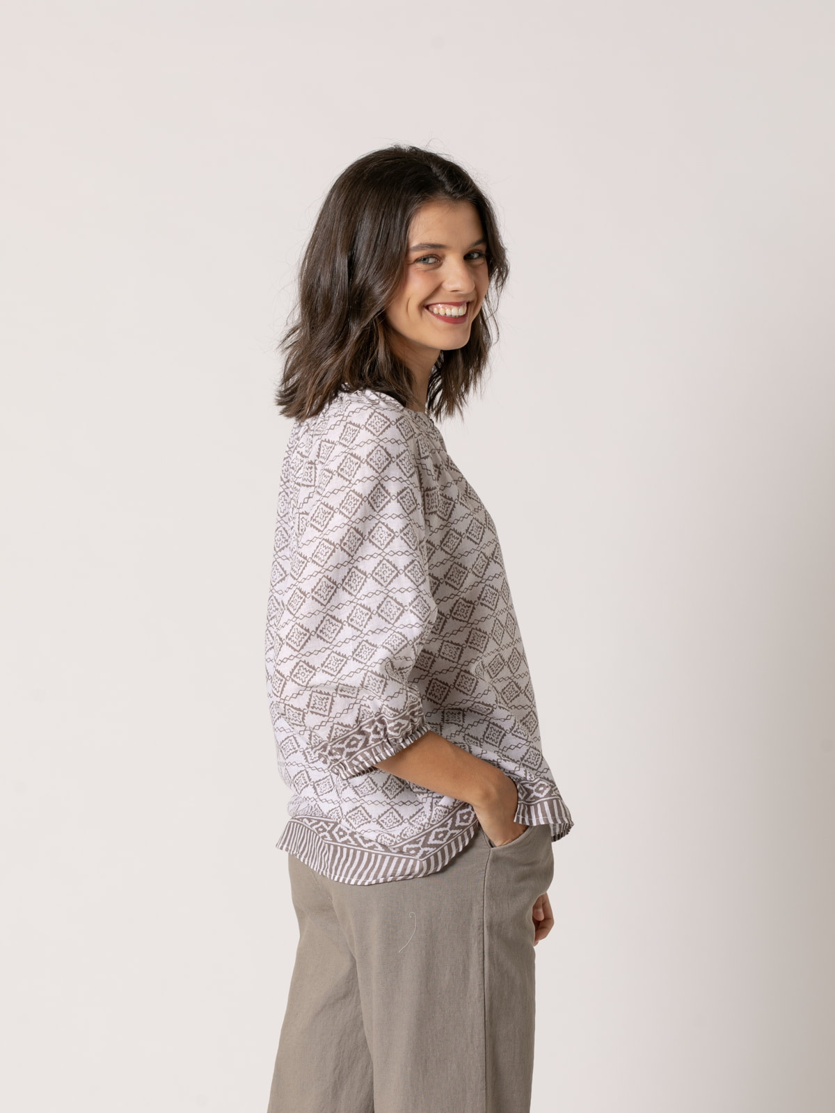 Flowy cotton voile blouse with drawings  Taupe colour