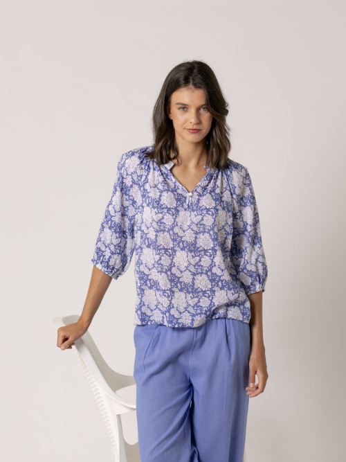 Blusa fluida cotton voile dibujos color Azul