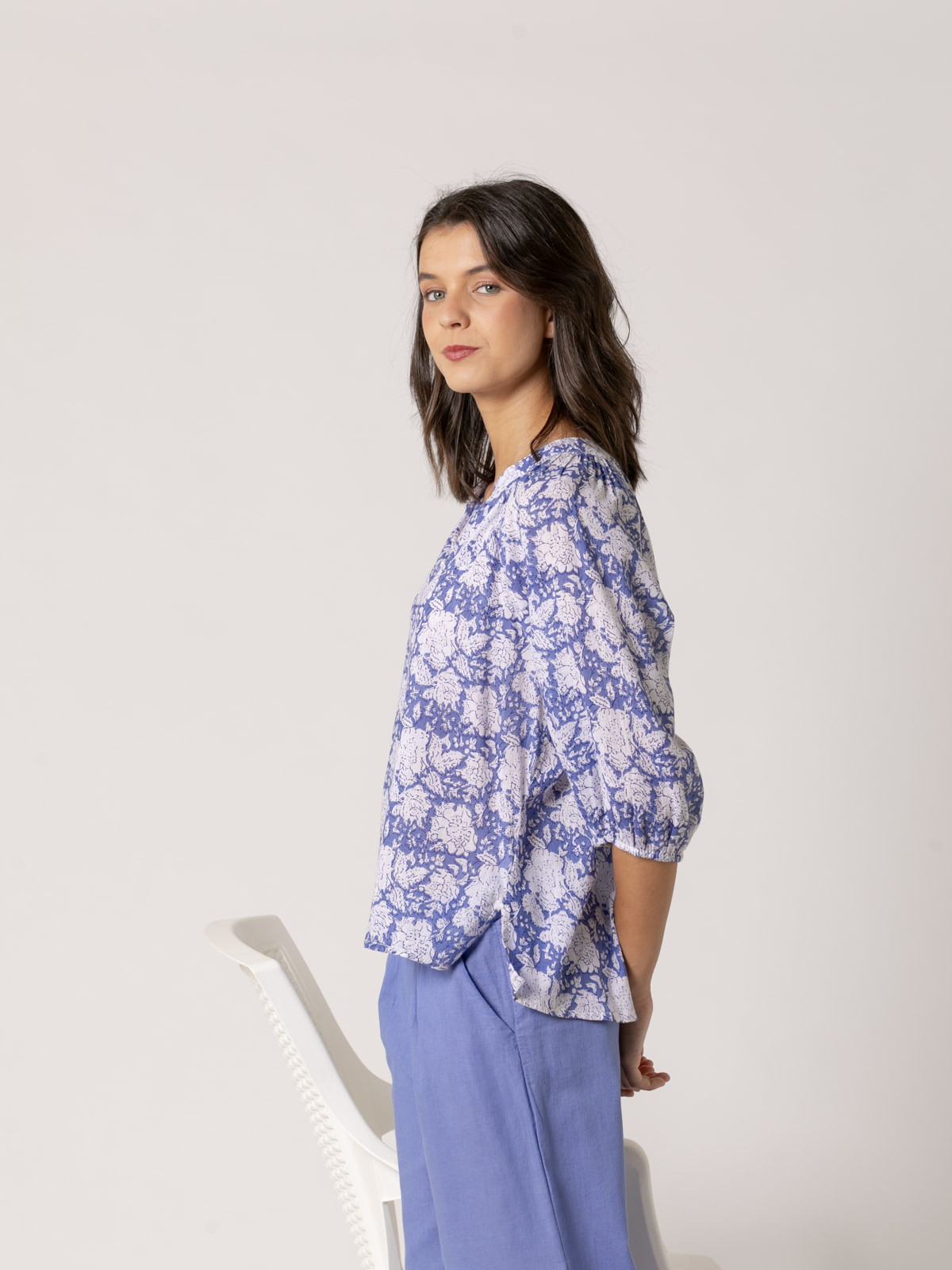 Blusa fluida cotton voile dibujos color Azul