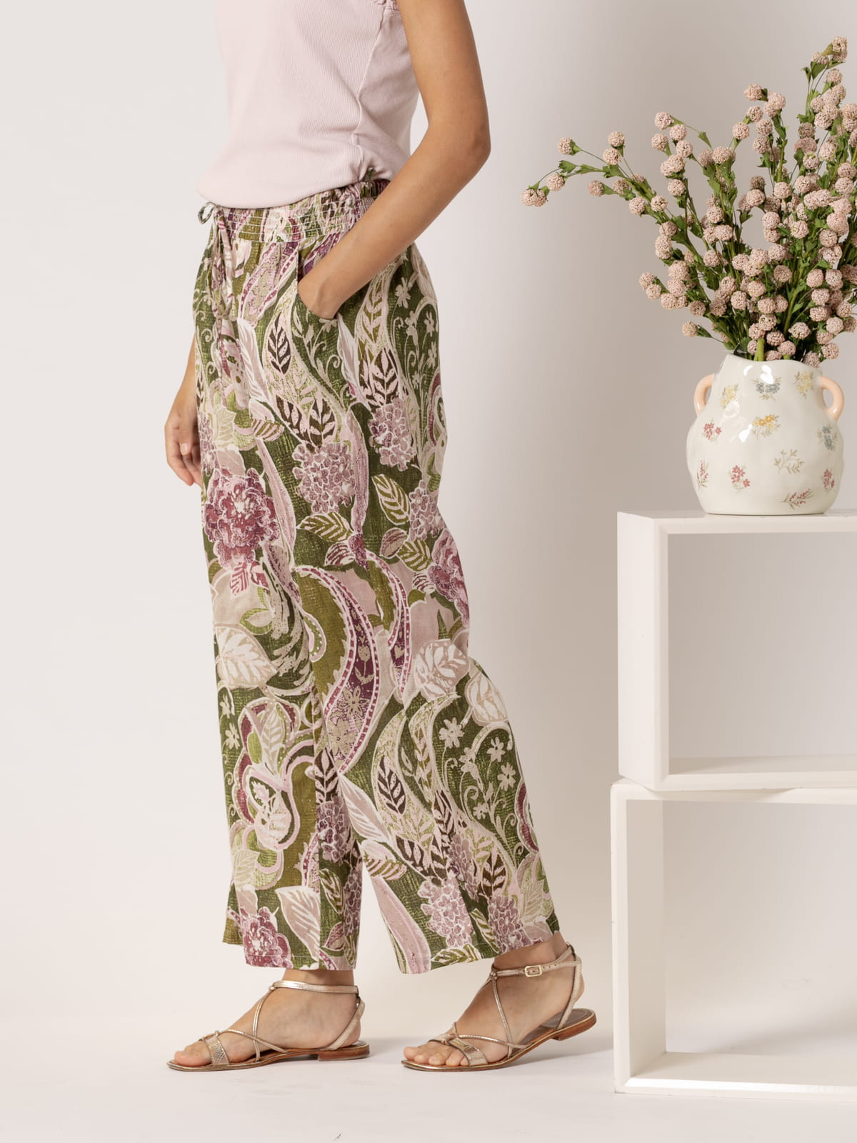 Pantalón bolsillos estampado algodón 100% color Malva