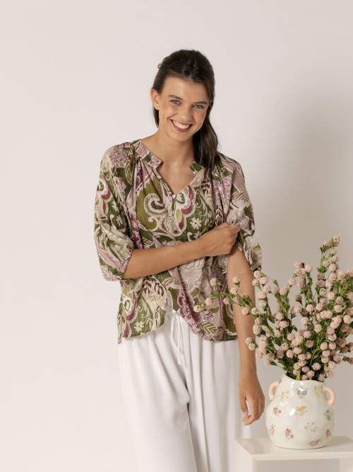 Blusa fluida cotton voile dibujos color Malva
