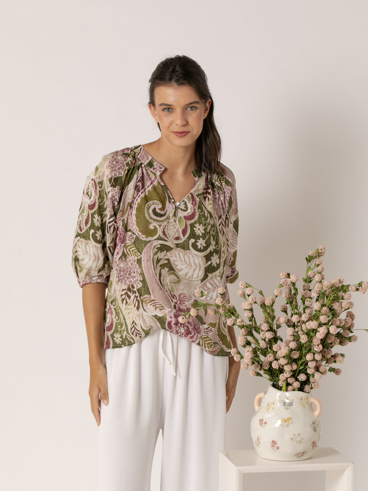 Blusa fluida cotton voile dibujos color Malva