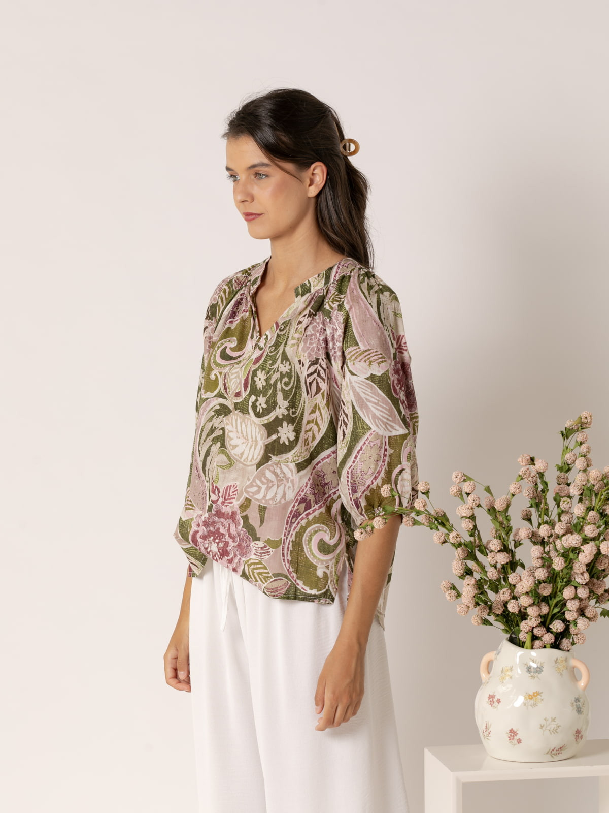 Blusa fluida cotton voile dibujos color Malva