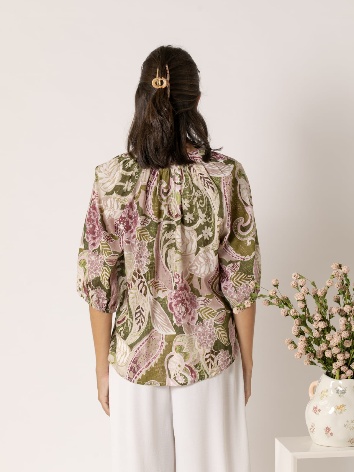 Flowy cotton voile blouse with drawings  Mallow colour