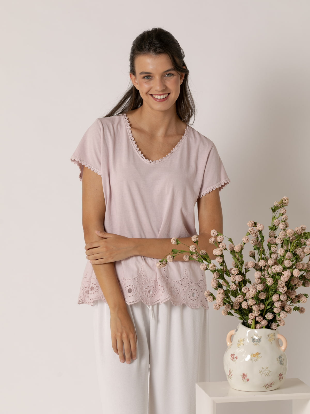 T-shirt with lace detail at the bottom  Pink colour