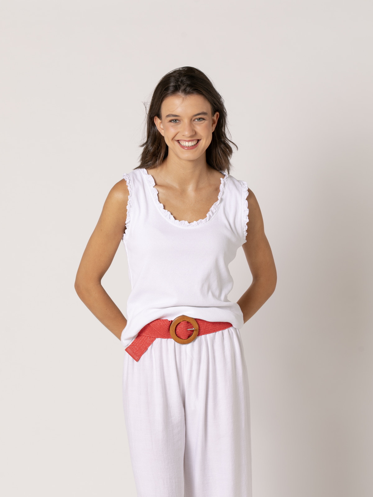 Camiseta tirante ancho canalé detalle puntilla color Blanco
