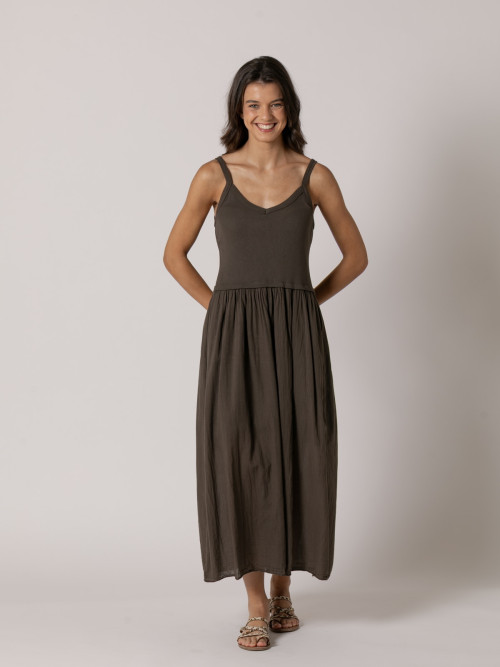 Vestido algodón tirantes falda vuelo color Marrón 