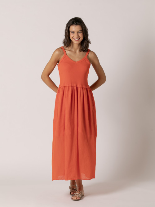 Vestido algodón tirantes falda vuelo color Naranja