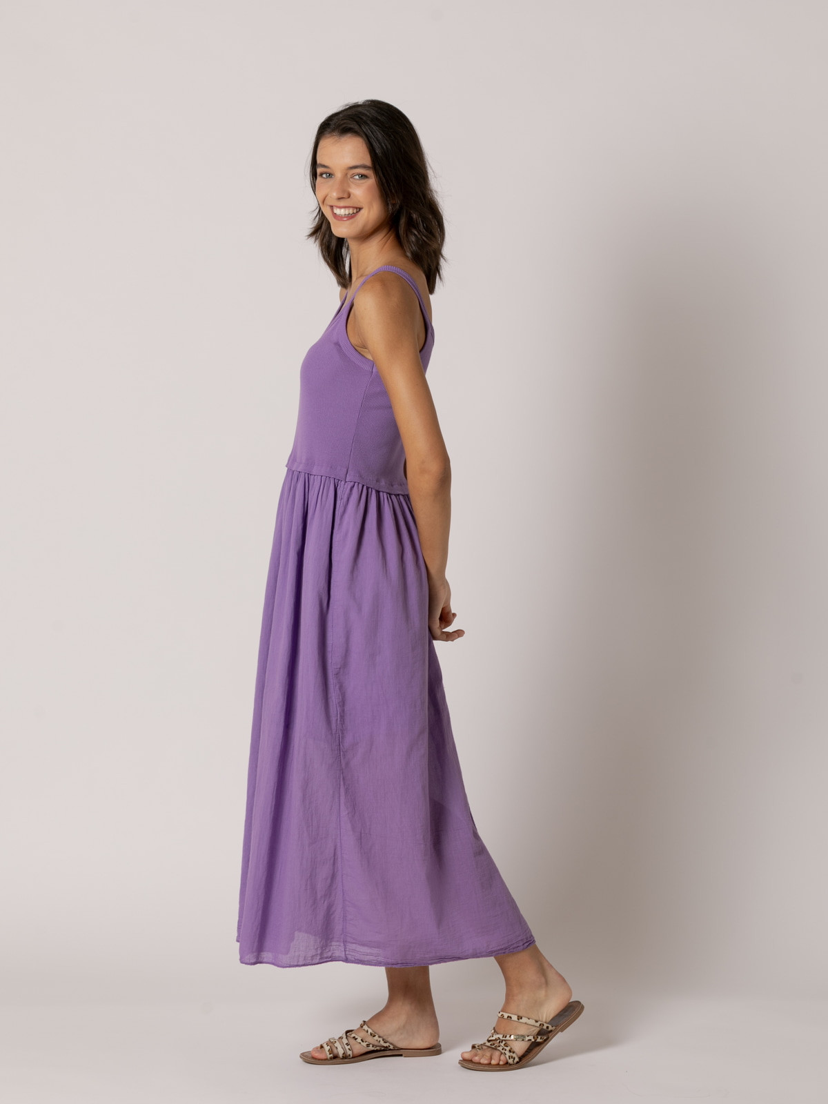 Cotton dress with straps and flared skirt  Violet colour