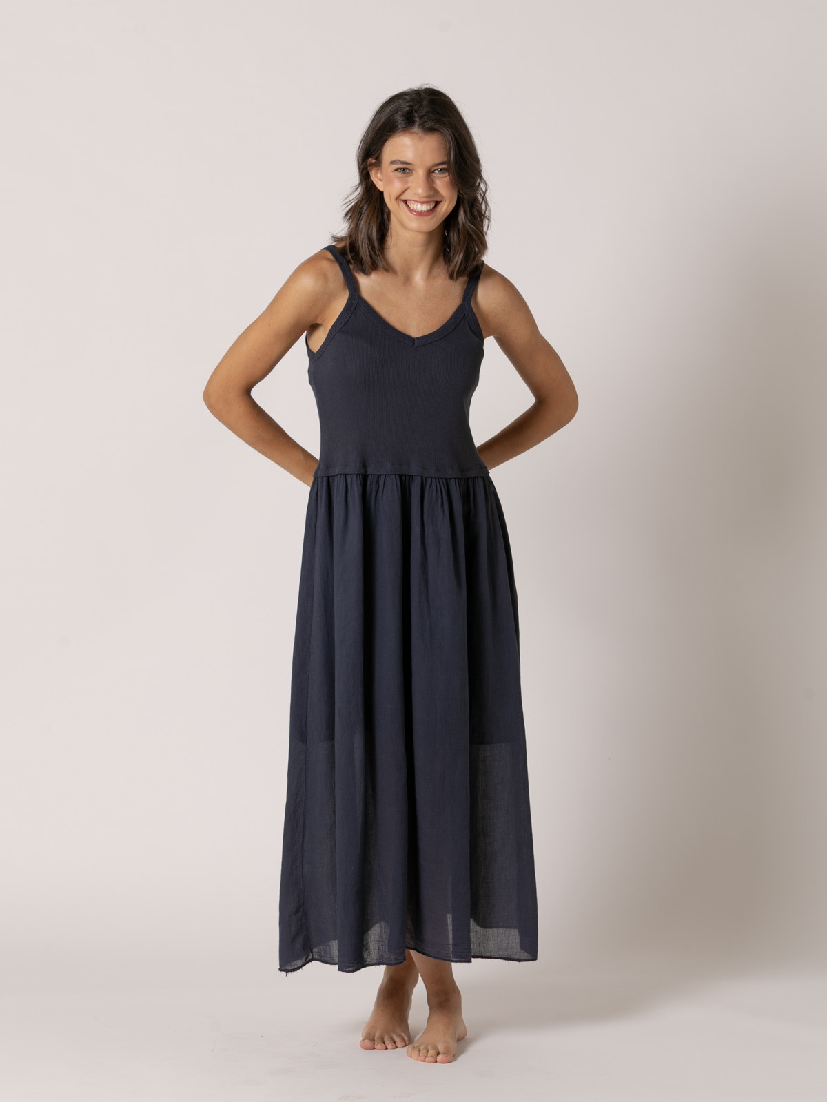 Vestido algodón tirantes falda vuelo color Azul Marino