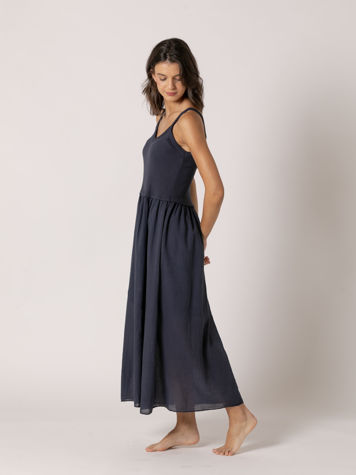 Vestido algodón tirantes falda vuelo color Azul Marino