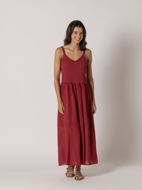Vestido algodón tirantes falda vuelo color Rojo