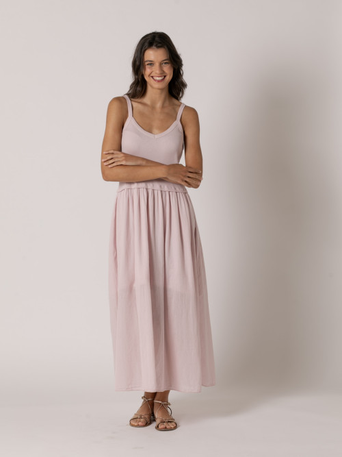 Vestido algodón tirantes falda vuelo color Rosa