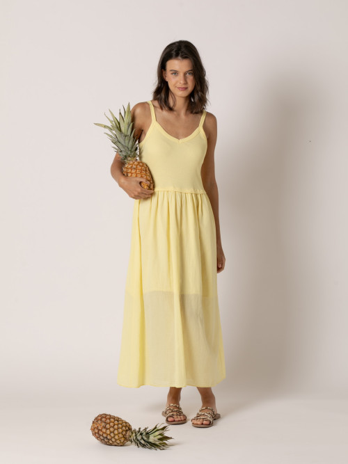 Vestido algodón tirantes falda vuelo color Amarillo