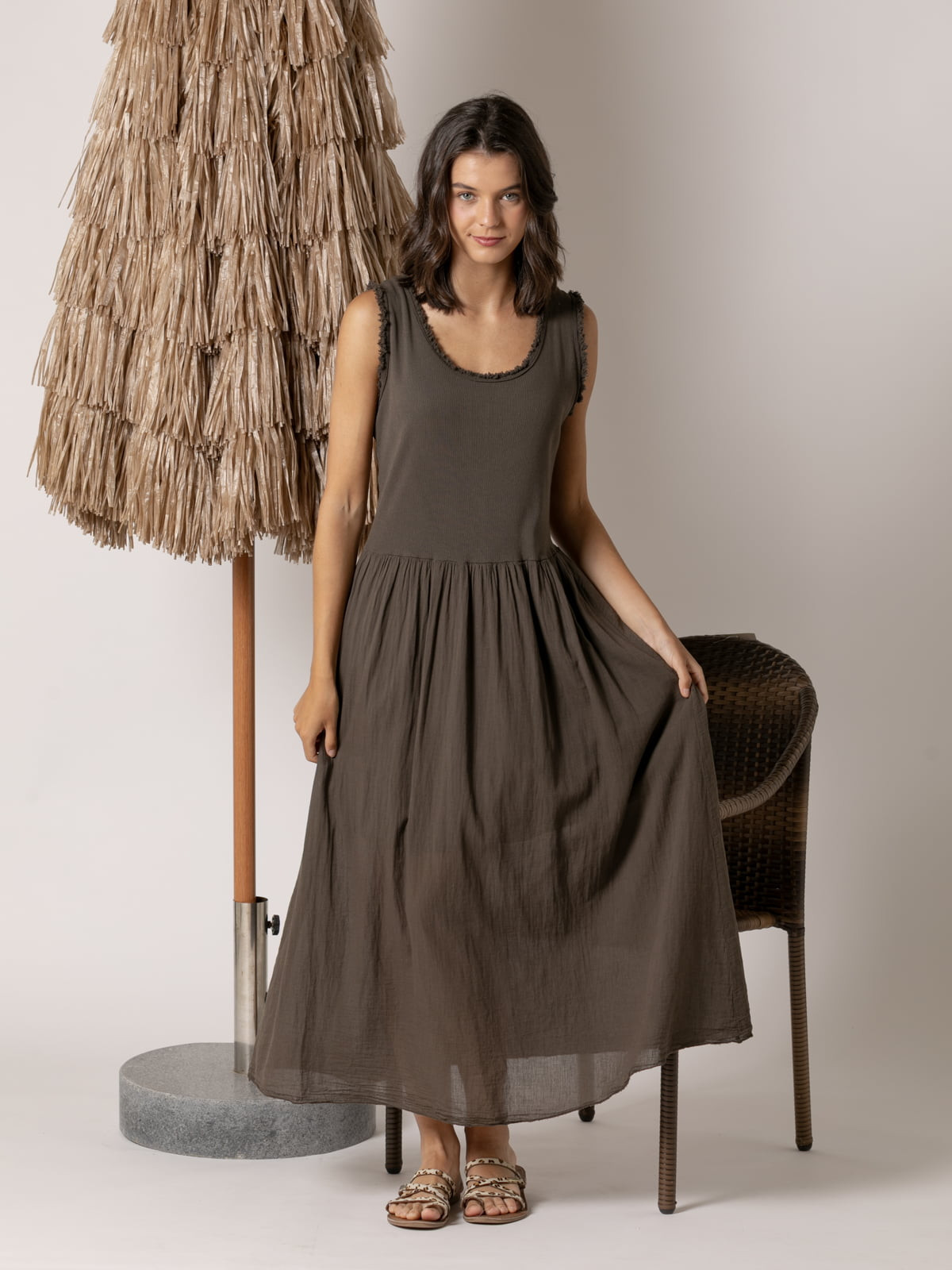 Vestido tirante ancho algodón 100% color Marrón 