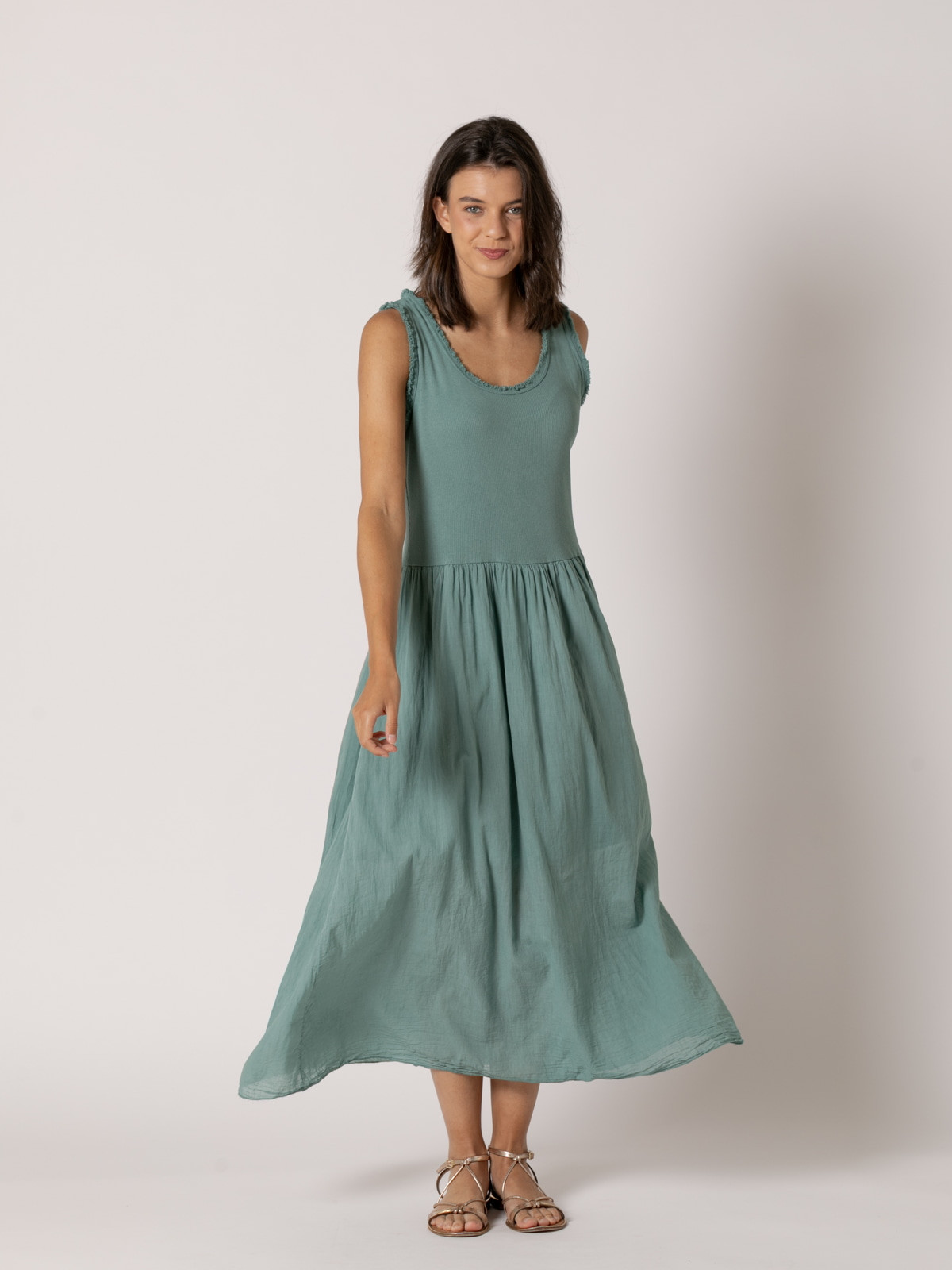 100% cotton wide strap dress  Green colour