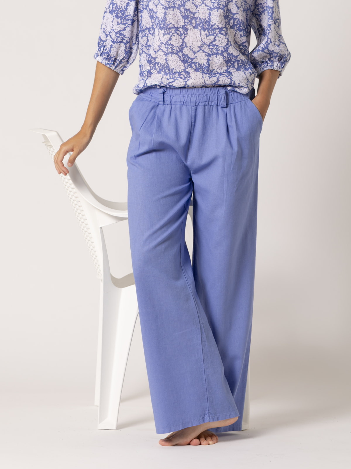 Pantalón lino momfit color Azul