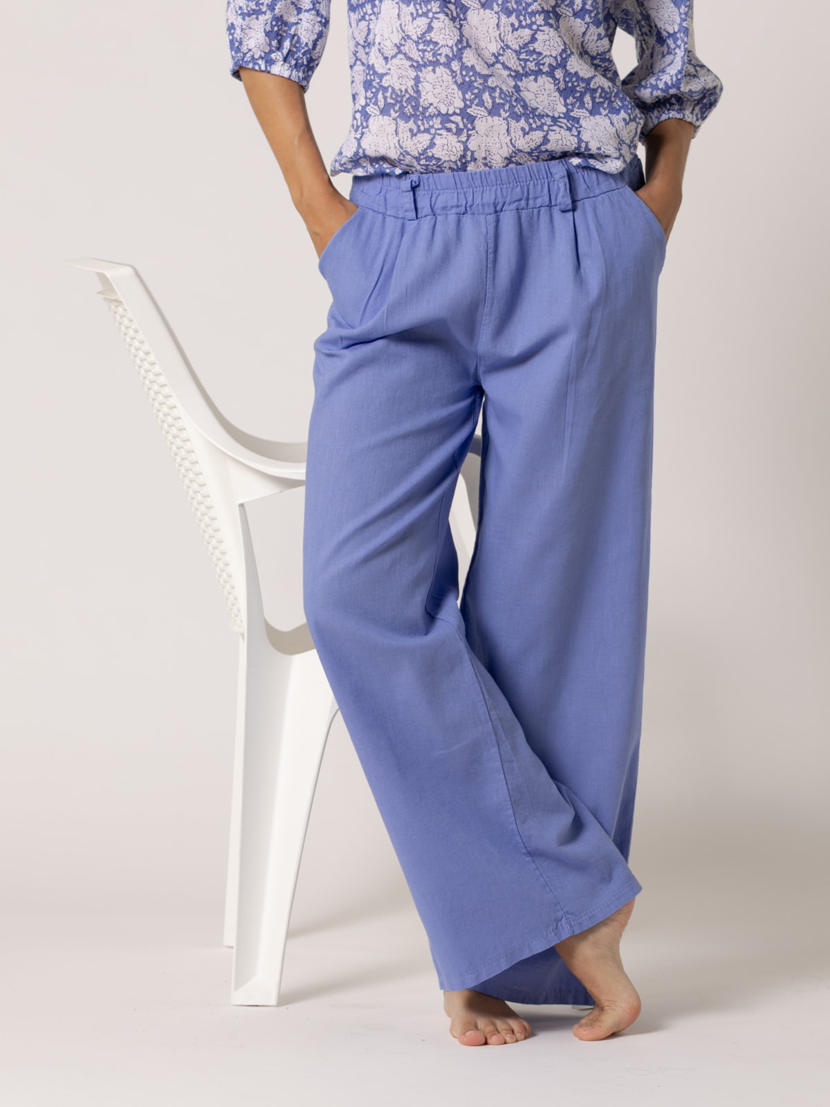 Pantalón lino momfit color Azul