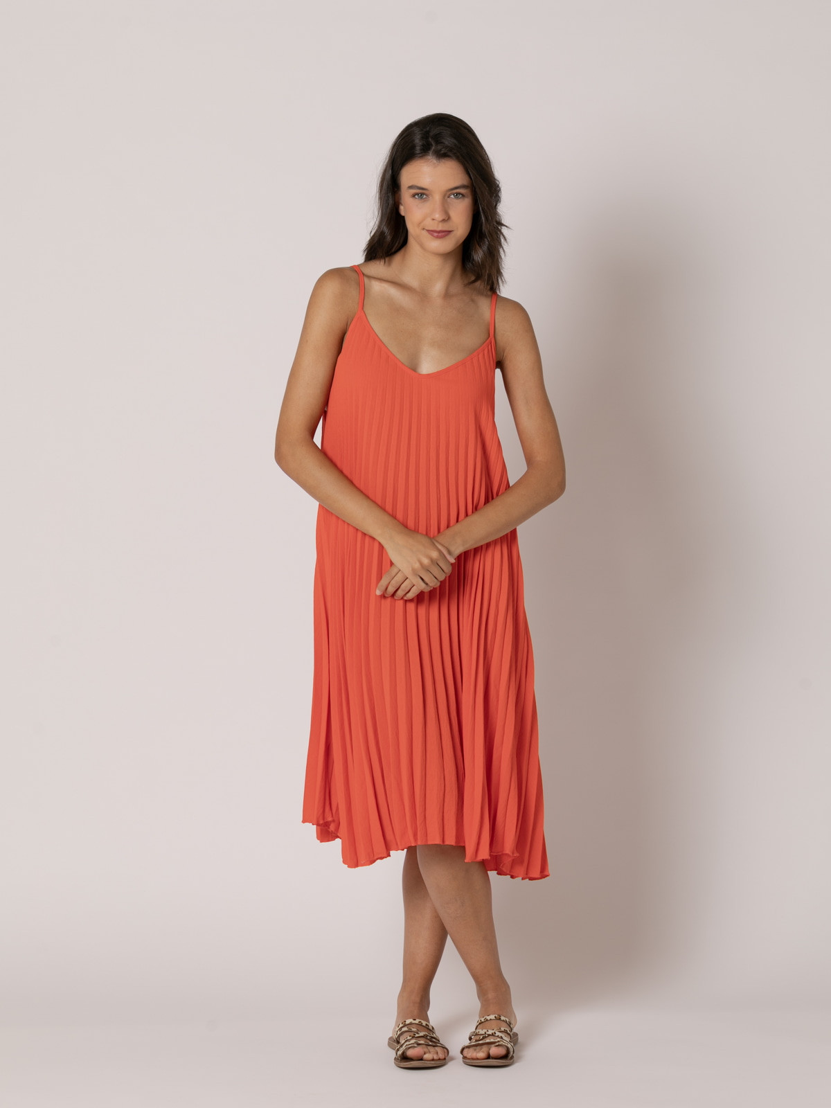 Vestido tirantes tableado color Naranja