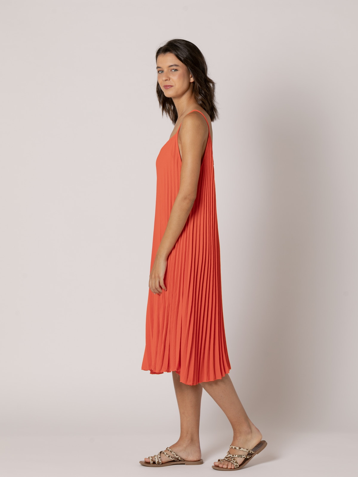 Pleated strapless dress  Orange colour