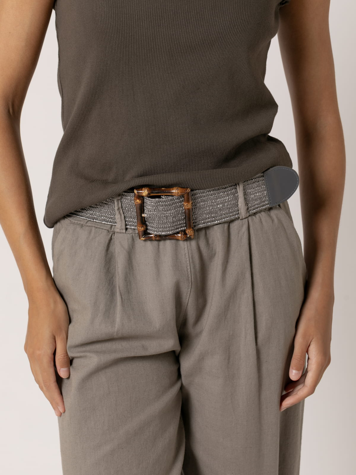 Elastic belt with bamboo buckle  Grey colour