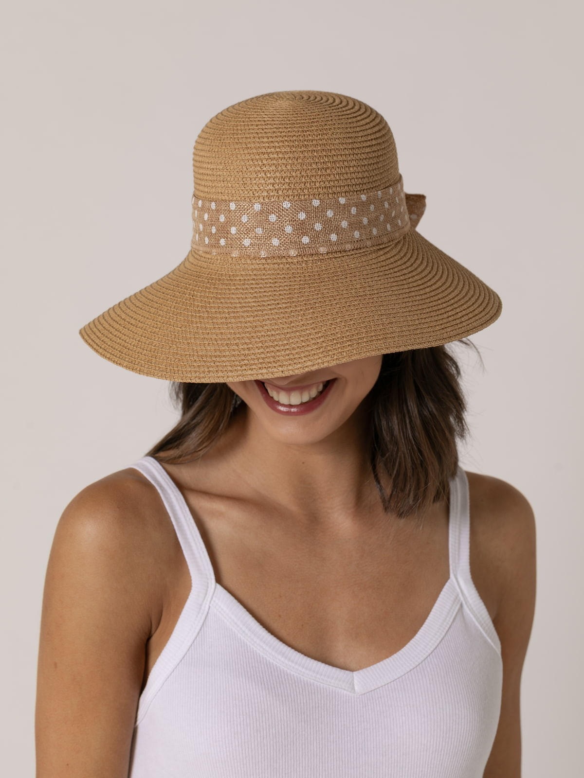 Visor hat with polka dot bow  Camel colour