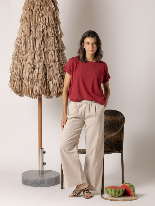 Pantalón lino momfit color Beige