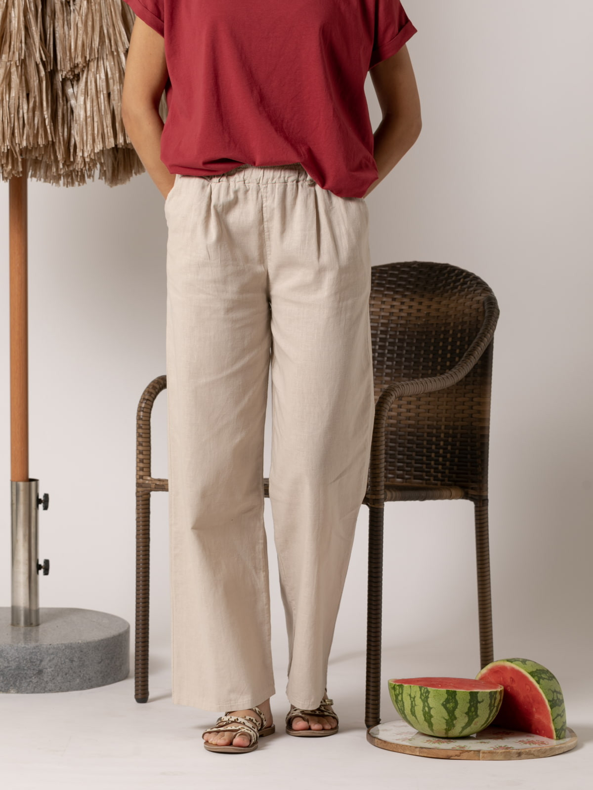 Pantalón lino momfit color Beige