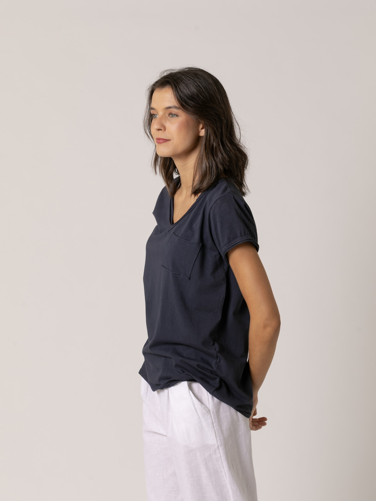 100% essence cotton V-neck T-shirt  Blue Navy colour