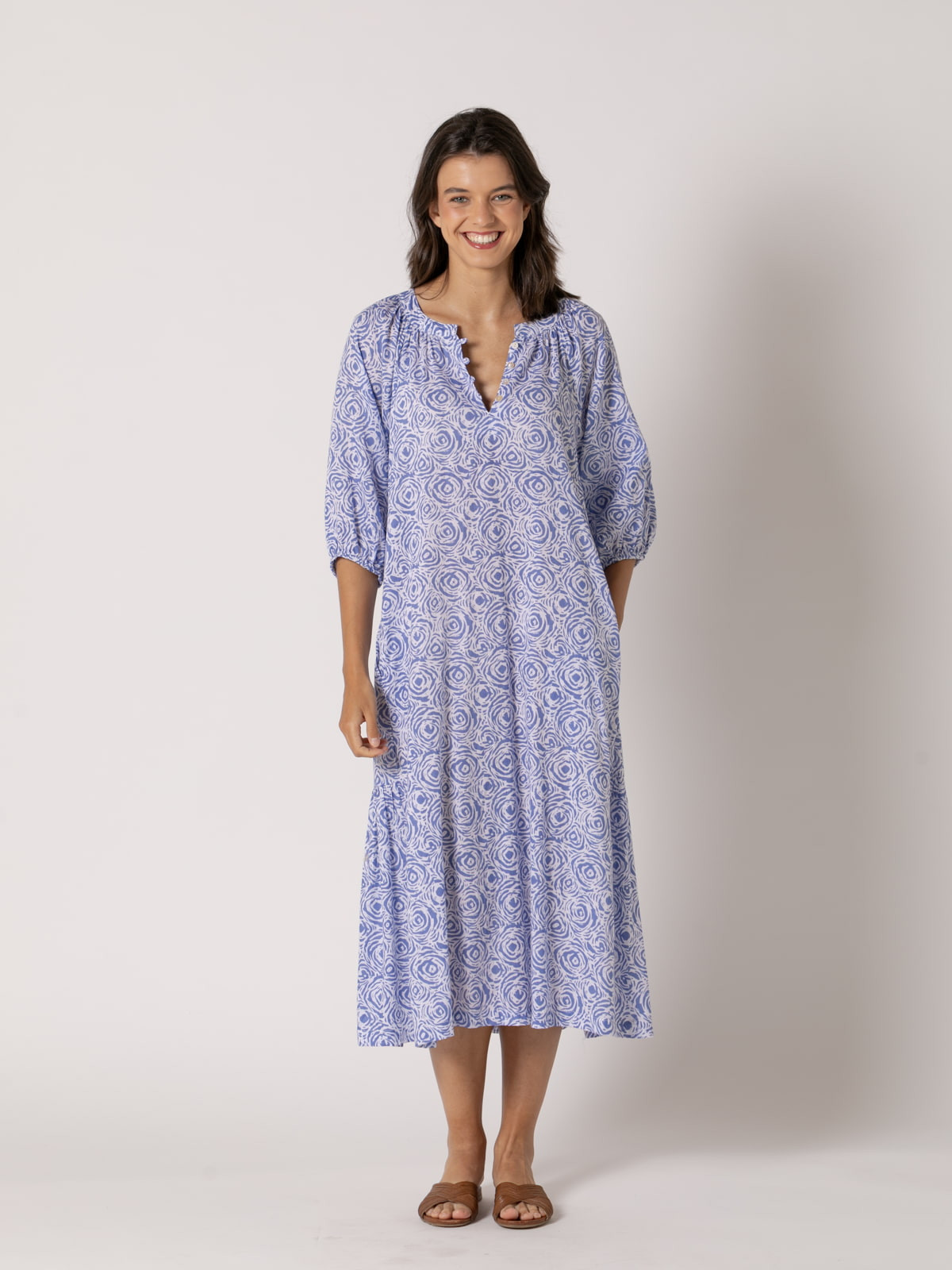 Long camellia dress, 100% cotton  Blue colour