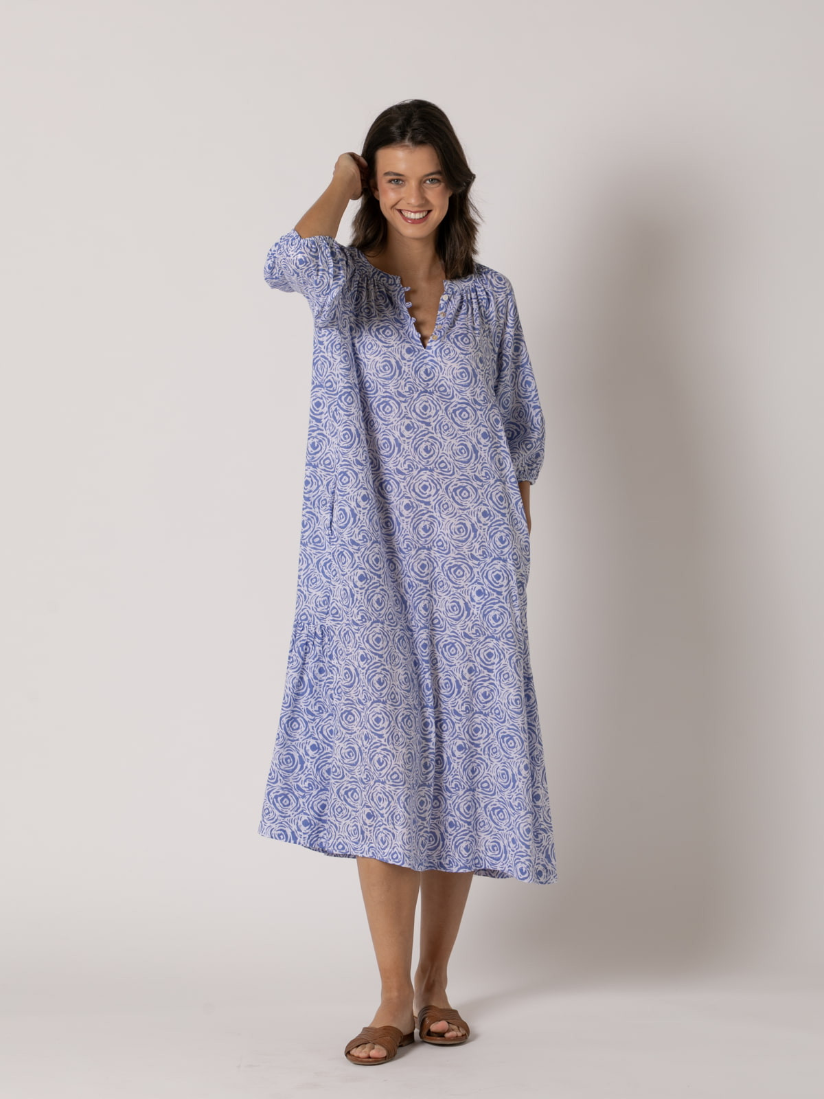 Vestido largo camelias 100% cotton color Azul