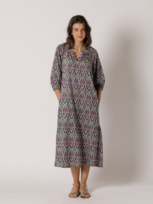 Vestido largo rombos diseño trendy 100% cotton color Burdeos