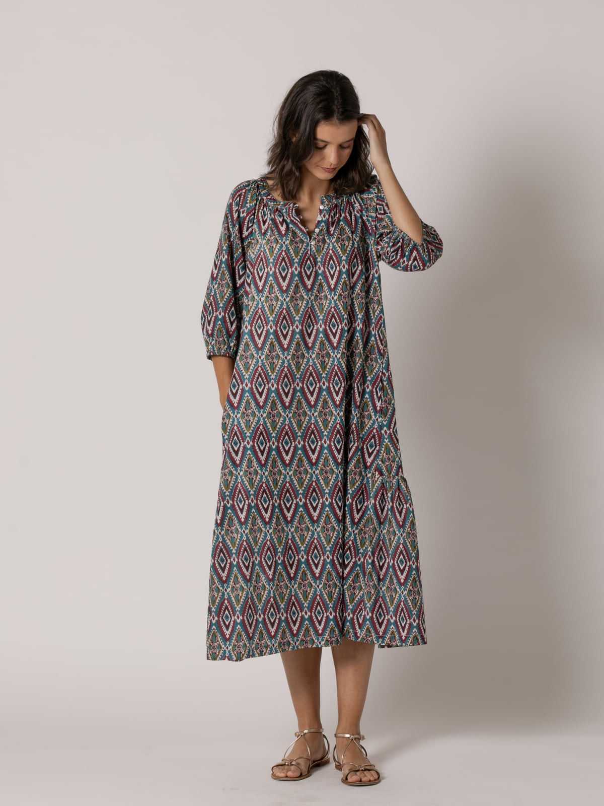 Vestido largo rombos diseño trendy 100% cotton color Burdeos