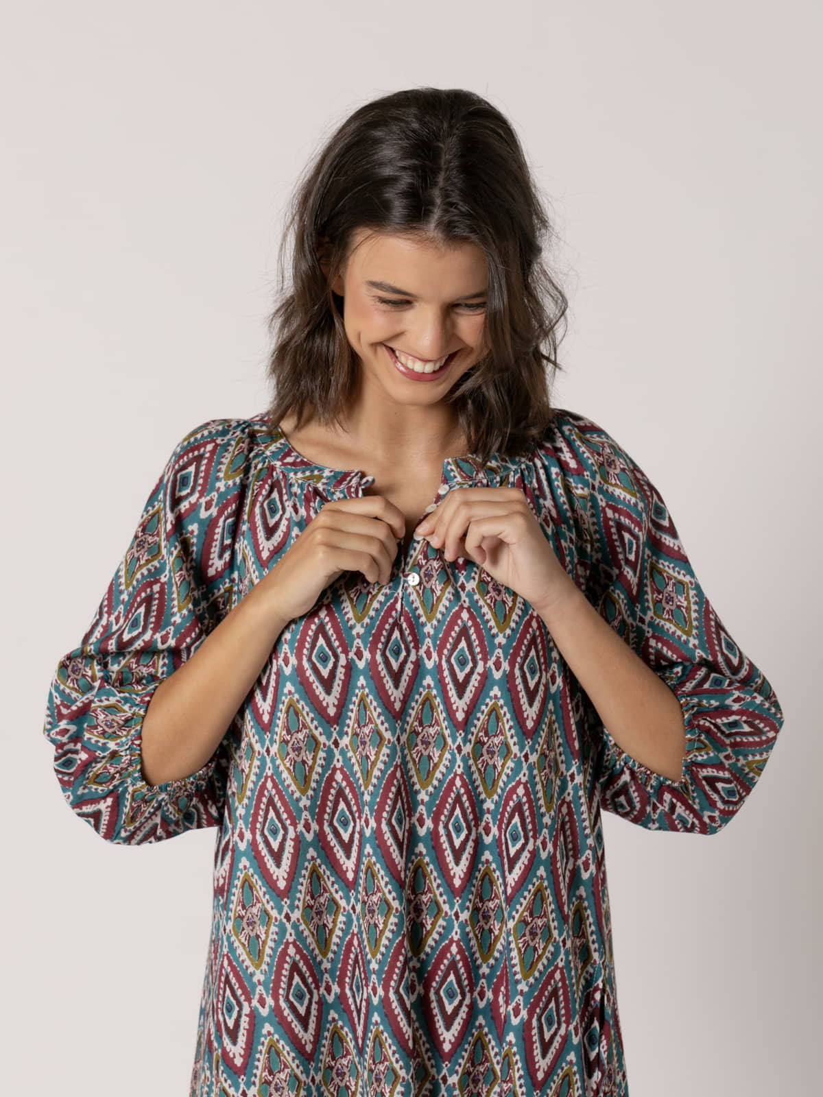 Vestido largo rombos diseño trendy 100% cotton color Burdeos