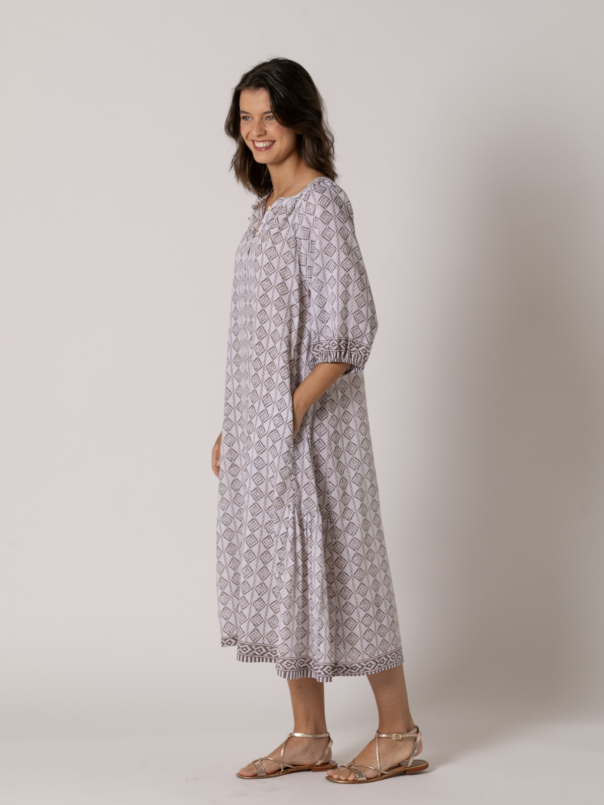 Vestido largo dibujo rombito 100% cotton color Taupe