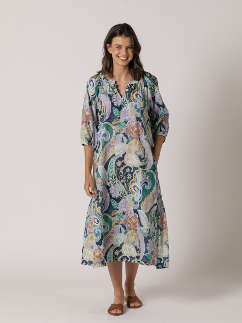Vestido largo dibujo cachemira 100% cotton color esmeralda
