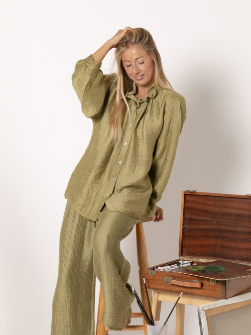 Camisa rizo volante brillo color Oliva